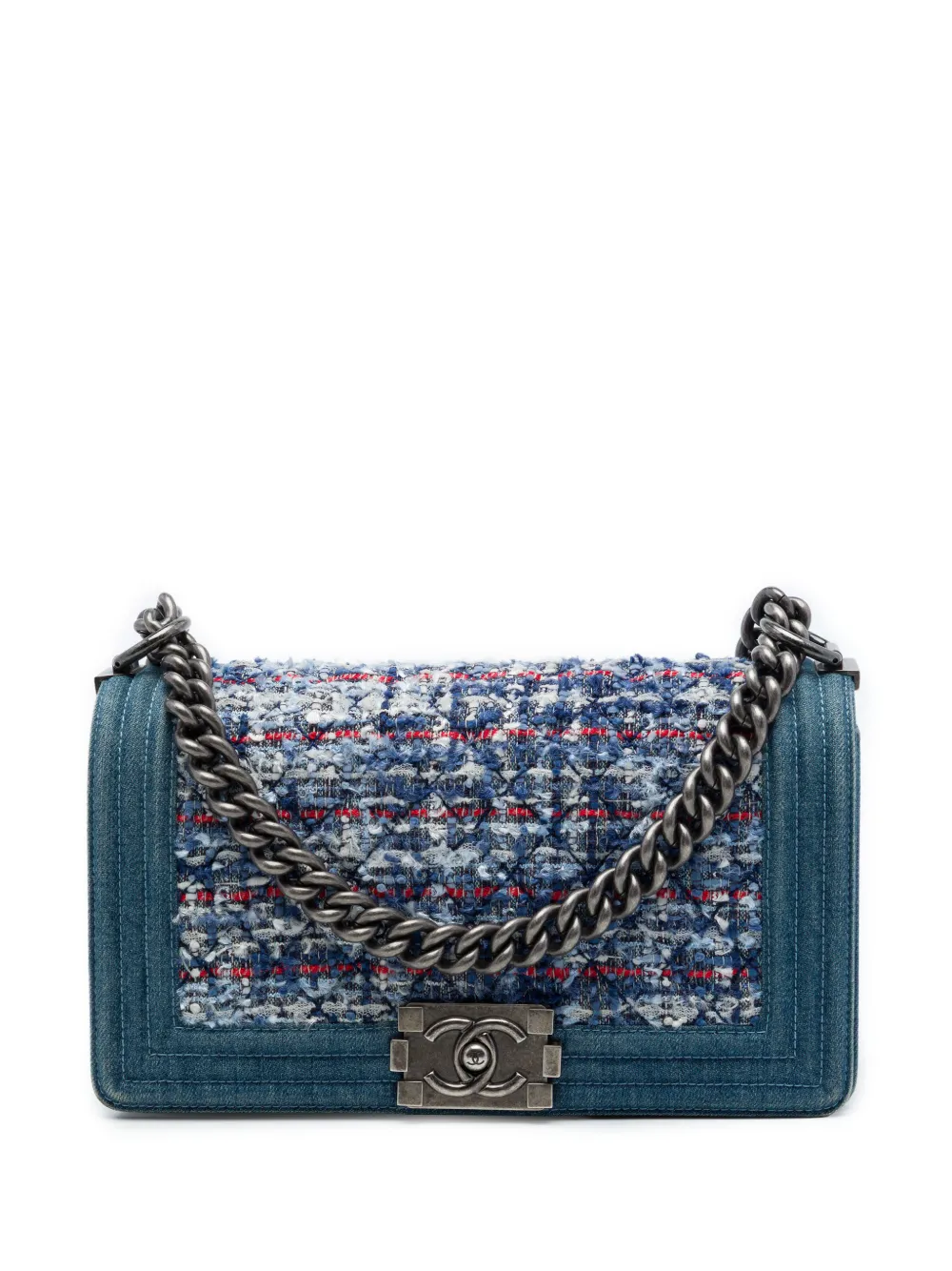 CHANEL Pre-Owned 2014 Old Medium Quilted Denim and Tweed Boy Flap crossbody bag - Blu