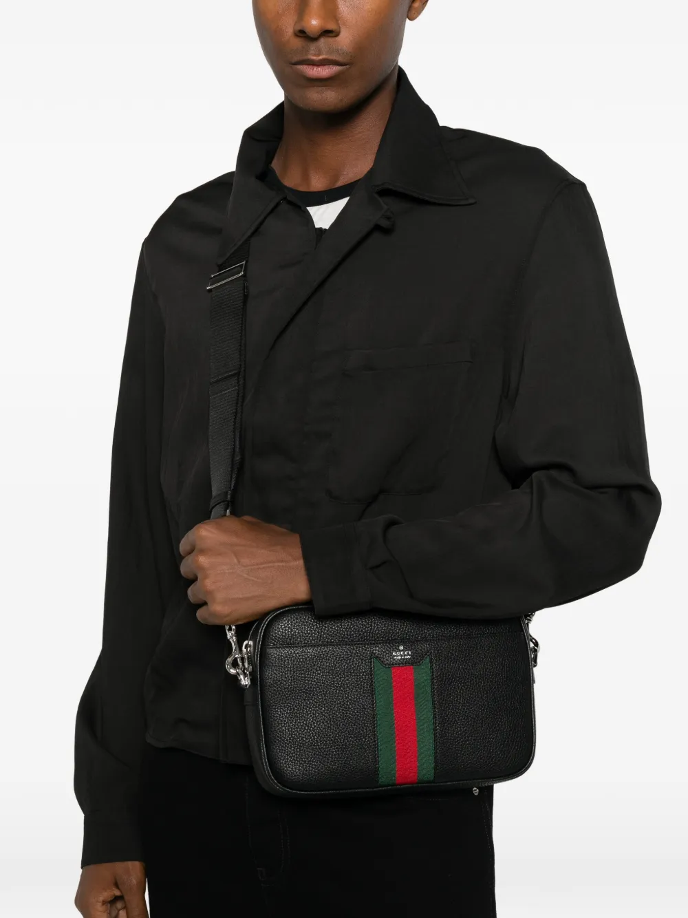 Gucci Messengertas van leer met textuur en Web-streep Zwart