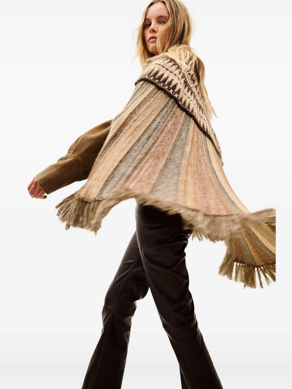 Ba&Sh Dish intarsia-gebreide cape met franje Bruin