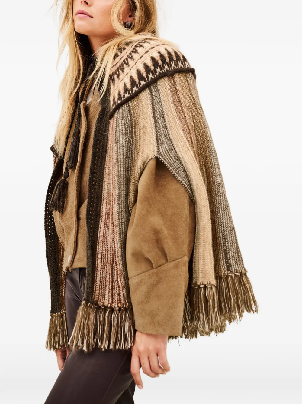 Ba&Sh Dish intarsia-gebreide cape met franje Bruin
