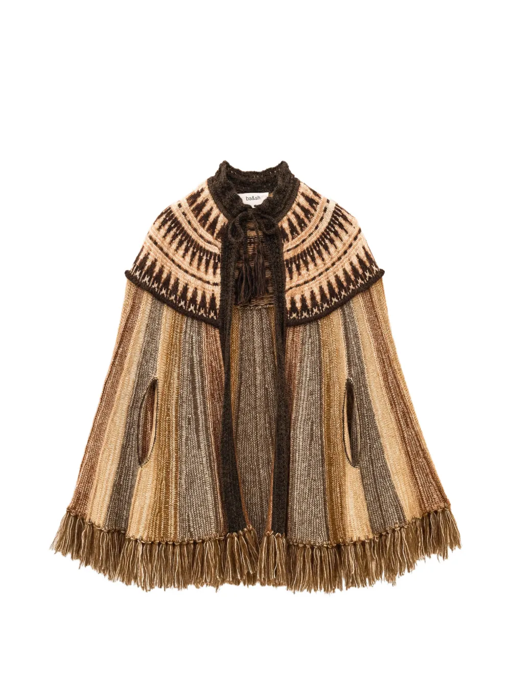 Ba&Sh Dish intarsia-knit fringed cape - Marron Ba&Sh Dish intarsia-knit fringed cape - Marron