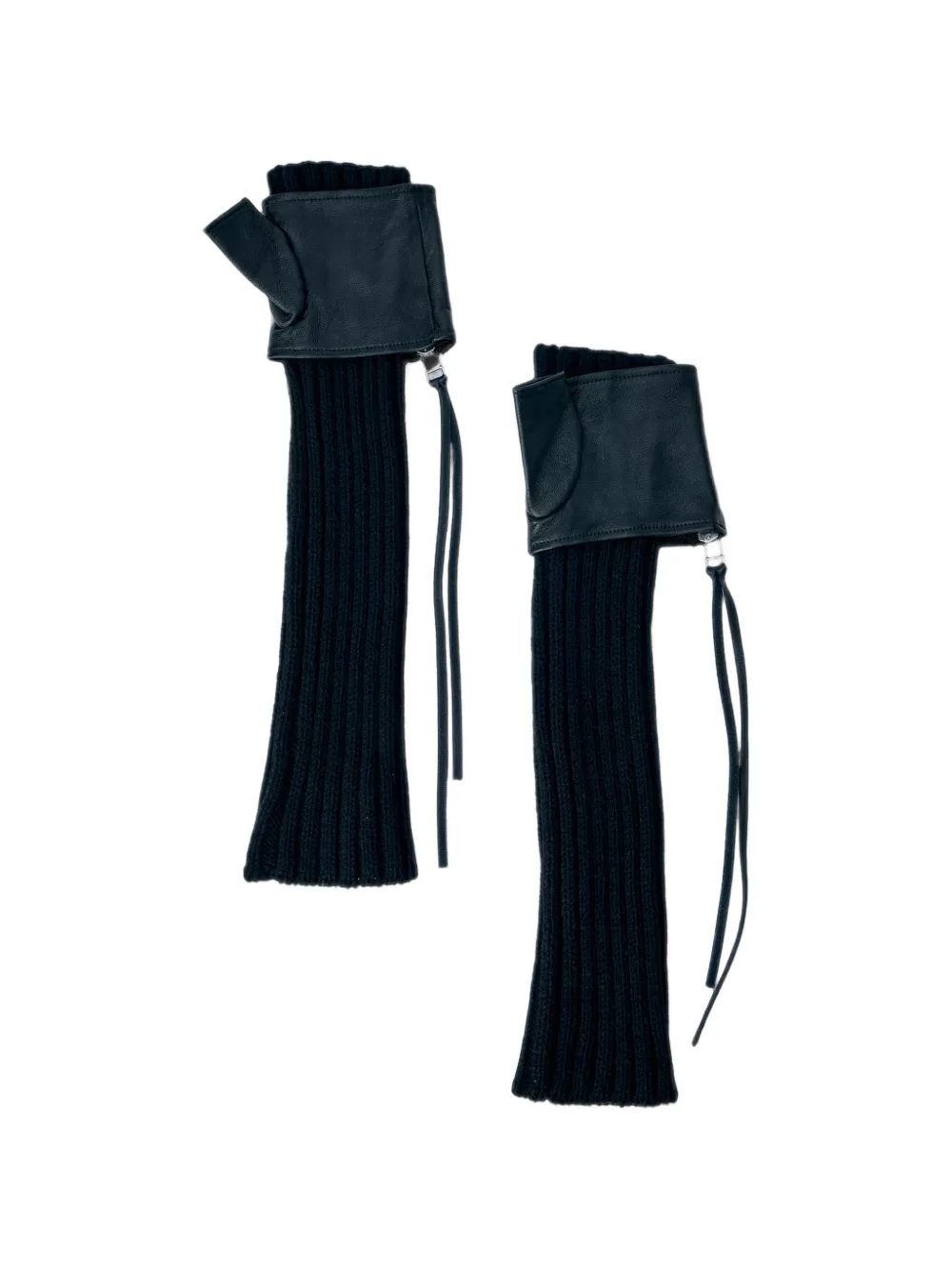 Yohji Yamamoto Ribgebreide armwarmers met leren manchetten Zwart