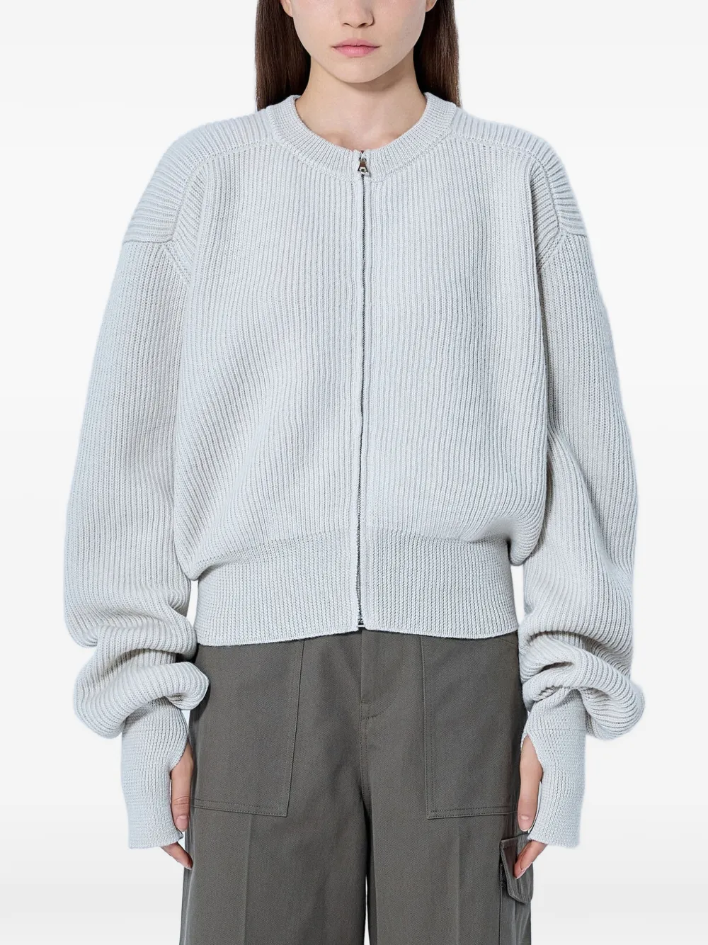 Rier Ribbed-knit Zip-up Cardigan in Grey