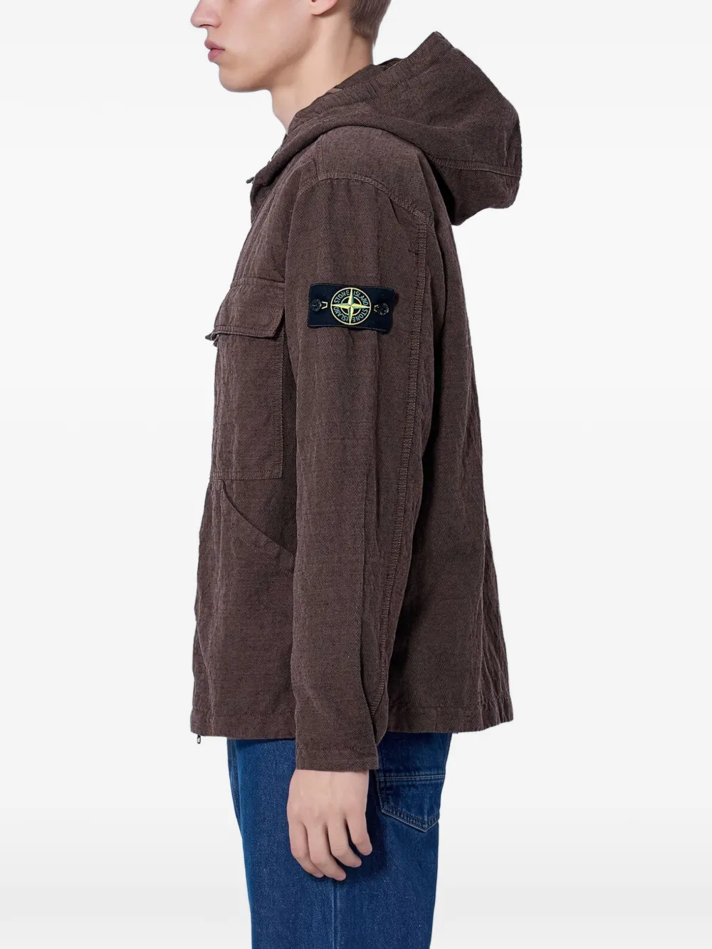 Stone Island 1200035 diagonal cotton Wool-TC loose-fit hooded zip-up overshirt with pockets Bruin