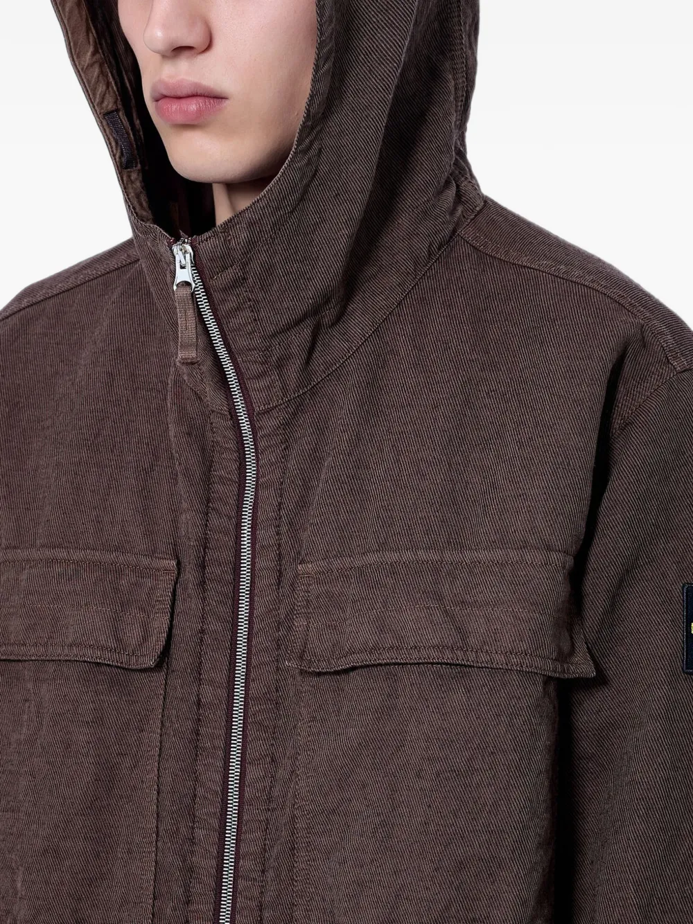 Stone Island 1200035 diagonal cotton Wool-TC loose-fit hooded zip-up overshirt with pockets Bruin