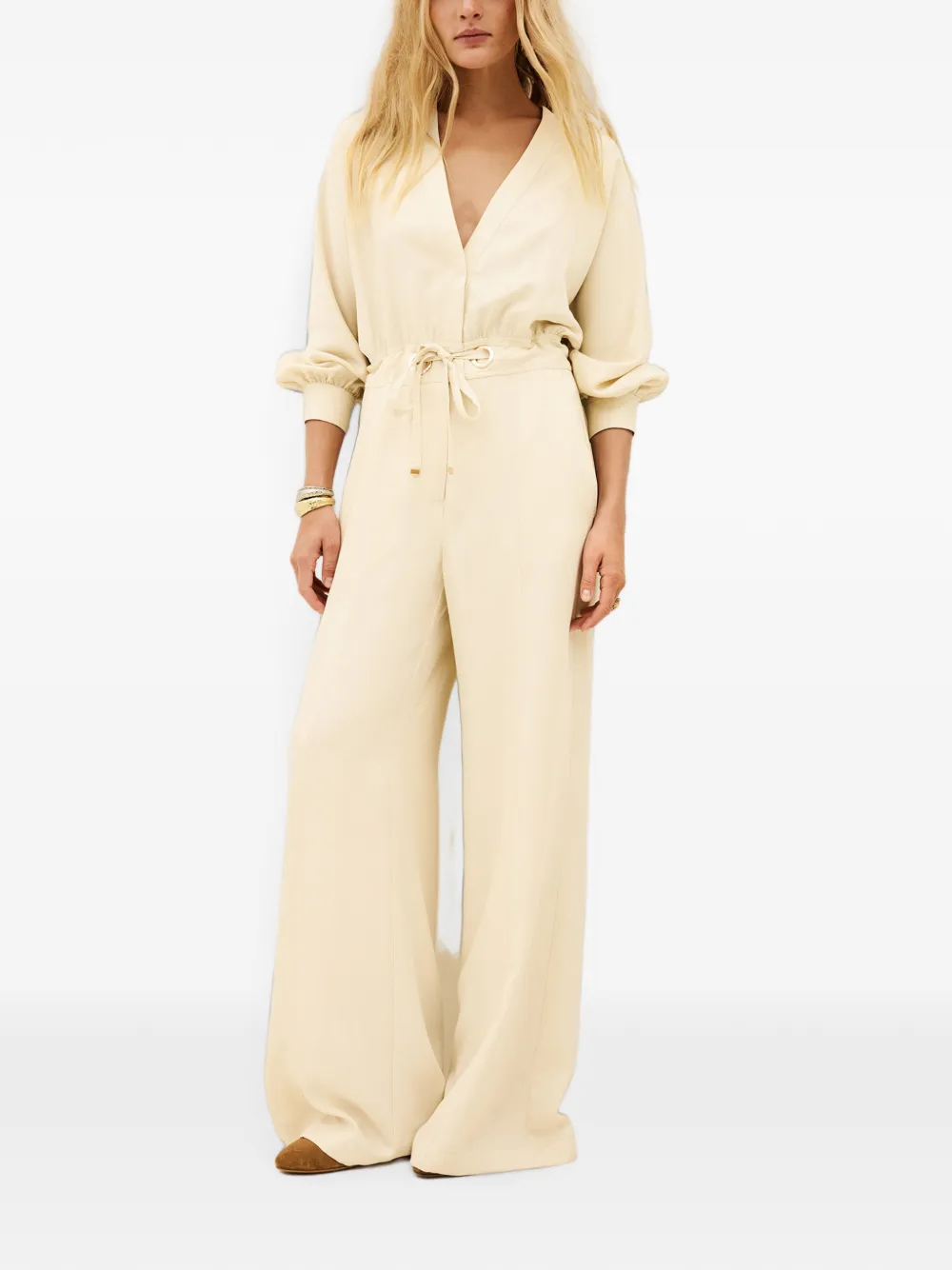 Ba&Sh Pere jumpsuit met trekkoordtaille en V-hals Beige