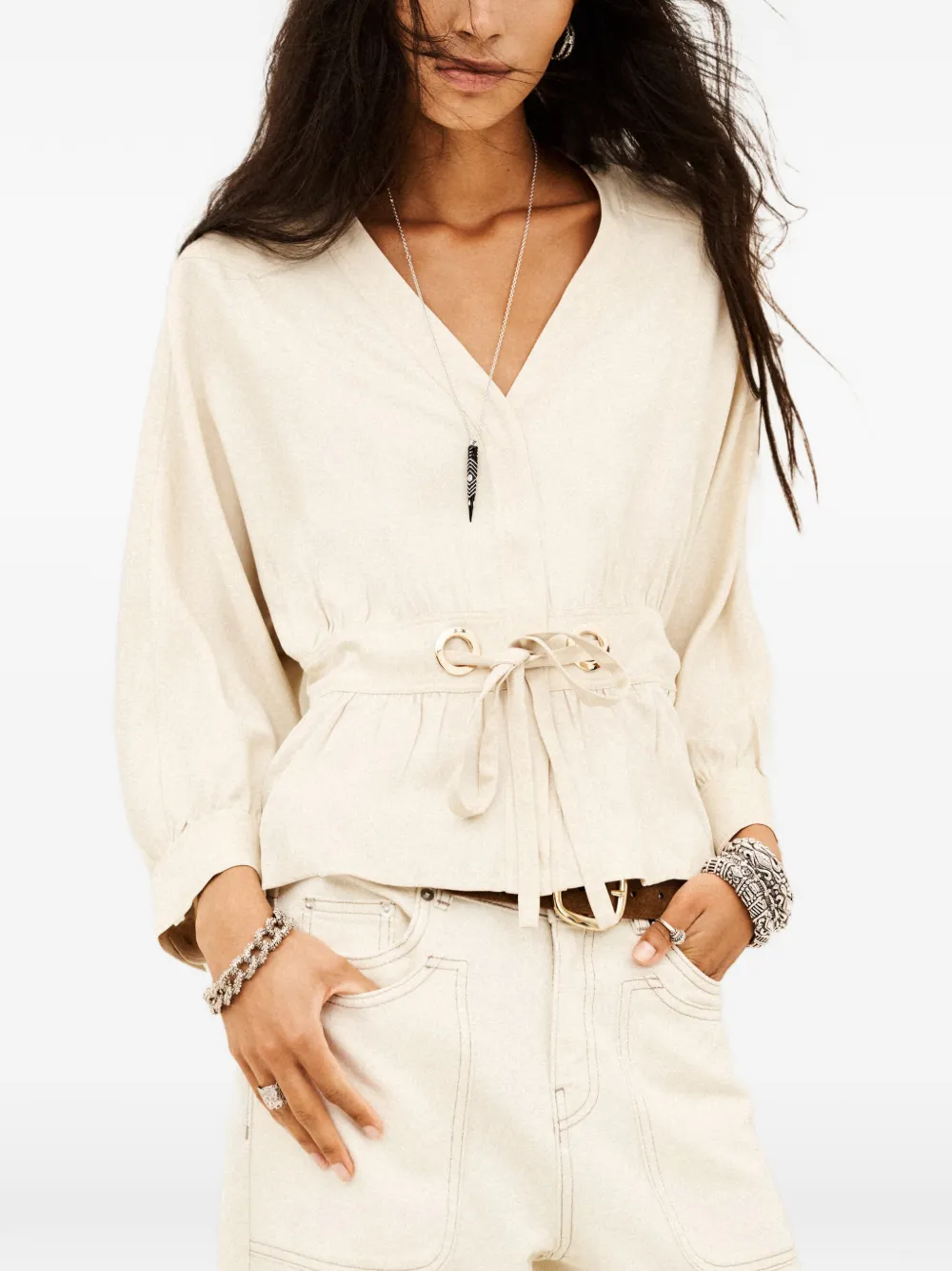 Ba&Sh Precila blouse met peplum-detail en striksluiting Beige