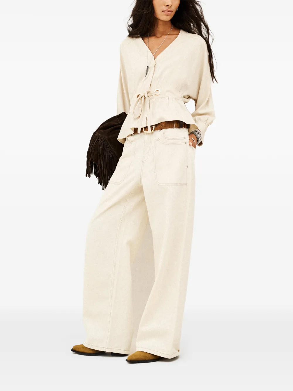 Ba&Sh Precila blouse met peplum-detail en striksluiting Beige