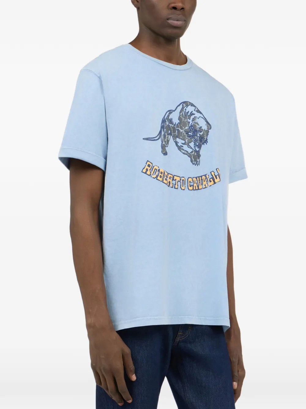Roberto Cavalli logo-print cotton T-shirt Blauw