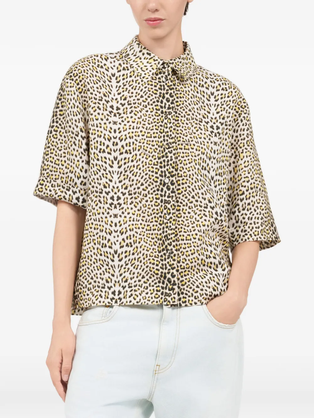 Roberto Cavalli Overhemd met luipaardprint en korte mouwen Beige
