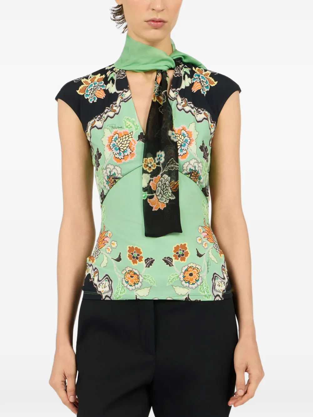 Roberto Cavalli floral-print tie-neck blouse Groen