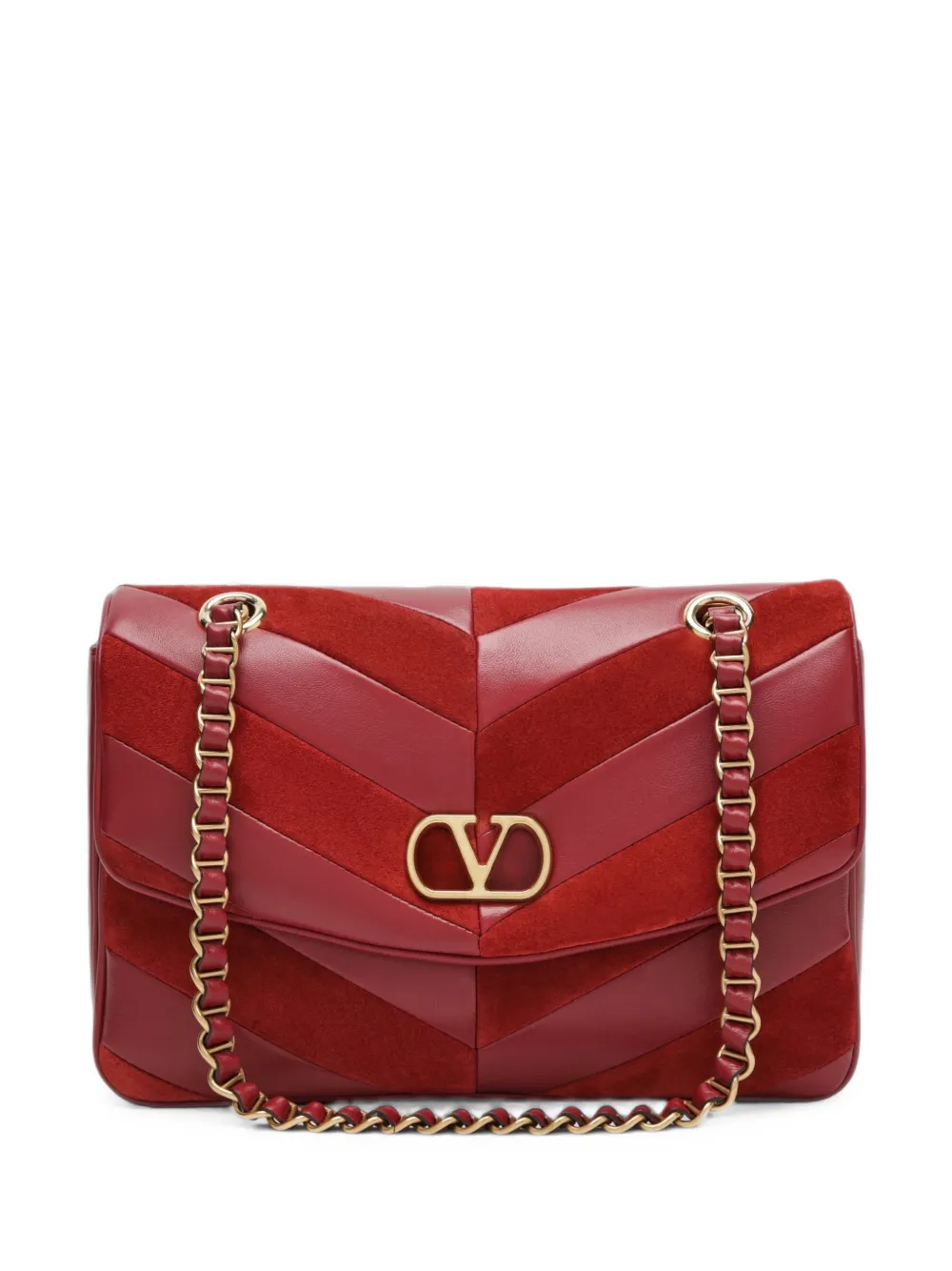 Valentino Garavani Mittelgroße Djuna Tasche aus Wildleder und Nappaleder mit Chevron-Muster - Rot