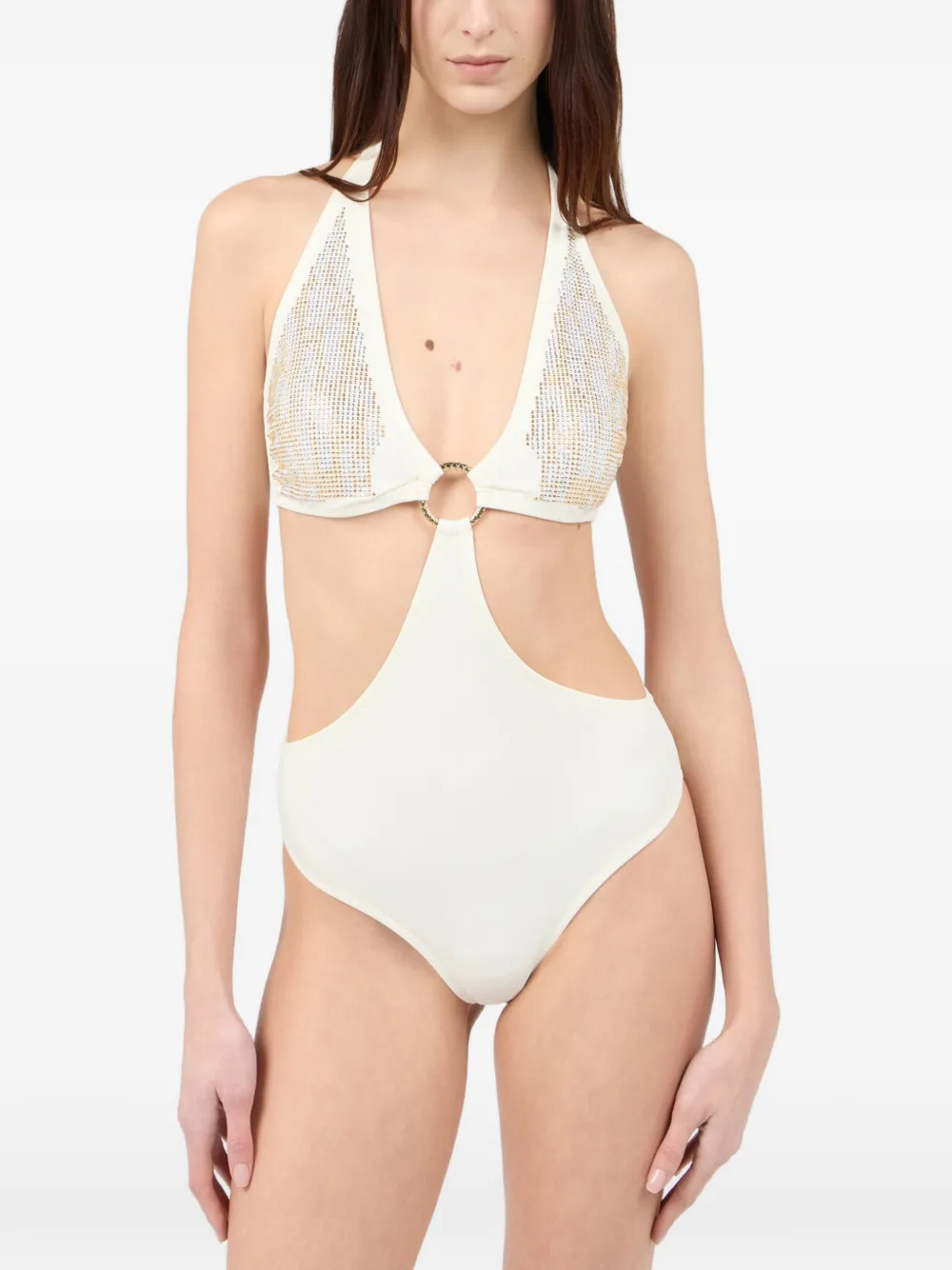 Roberto Cavalli Jaguar-motif embellished cut-out swimsuit Beige