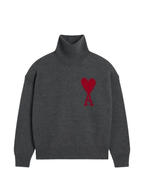 AMI Paris grey funell neck wool sweater with Ami De Coeur