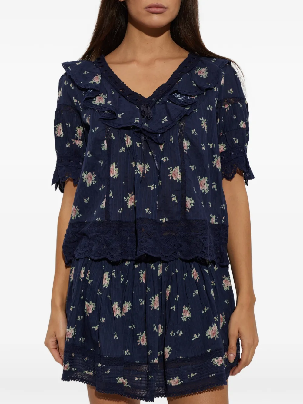 LoveShackFancy Romilly blouse met bloemenprint en ruches Blauw