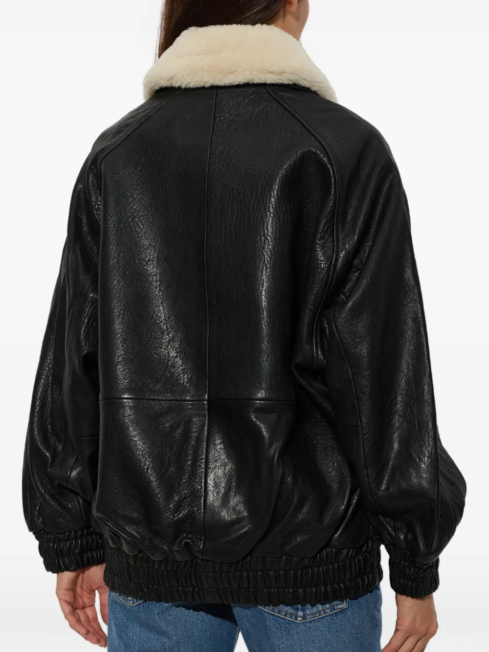 STAND STUDIO Tobie shearling-collar leather jacket Zwart