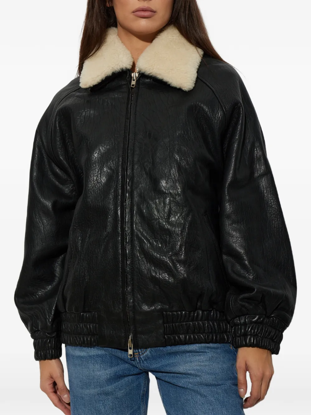 STAND STUDIO Tobie shearling-collar leather jacket Zwart