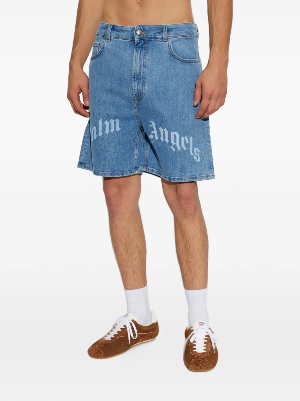 Palm Angels Denim shorts met logoprint Blauw