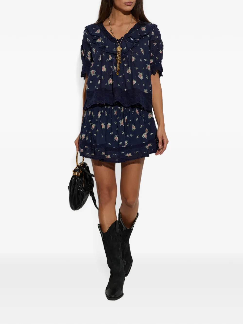 LoveShackFancy Kressler mini-rok met bloemenprint en kanten afwerking Blauw
