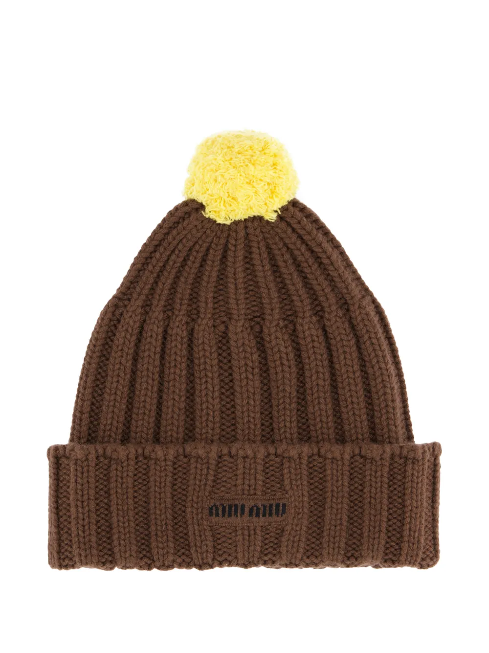 Miu Miu pom-pom ribbed-knit beanie hat - Marron