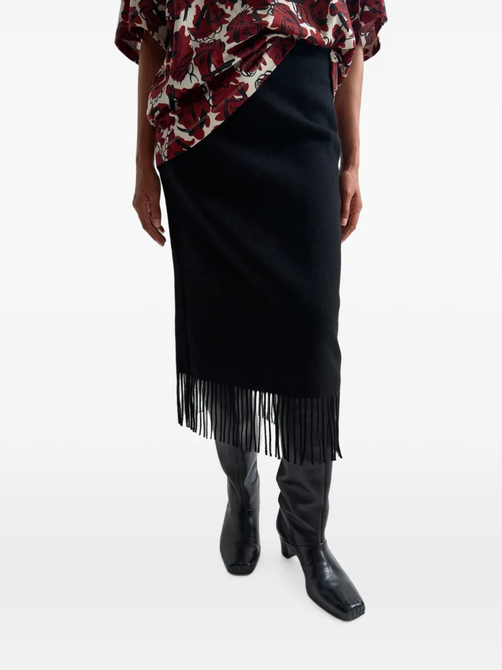 Rodebjer The Blaine fringe pencil midi skirt Zwart