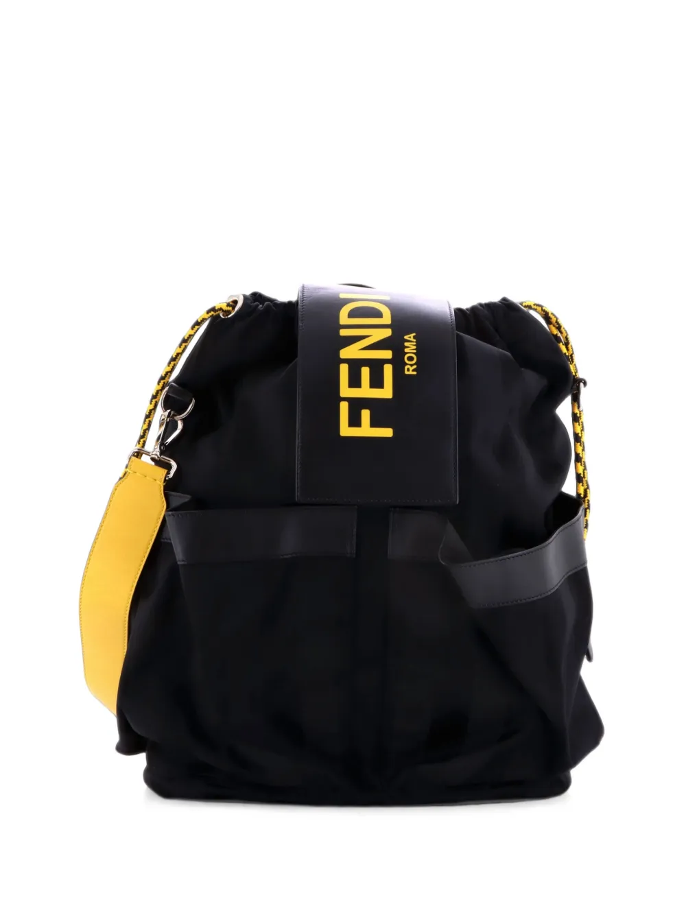 Fendi Pre-Owned sac à dos Double Pocket à cordon de serrage en nylon Pequin avec cuir - Noir