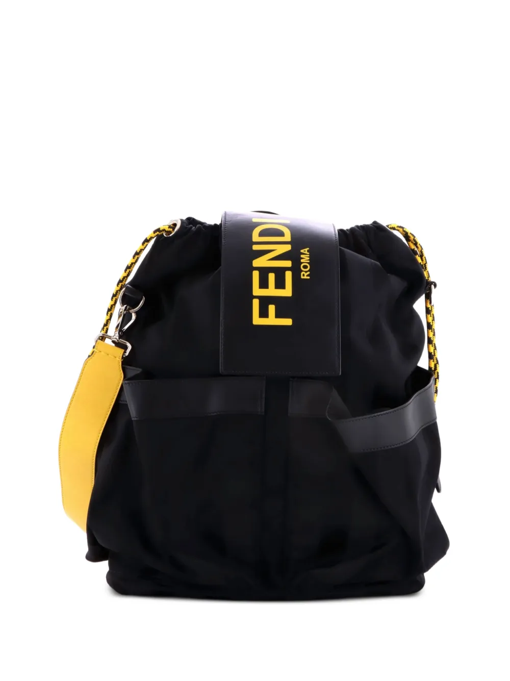 Fendi Pre-Owned Double Pocket Drawstring Pequin Nylon with Leather backpack - Black