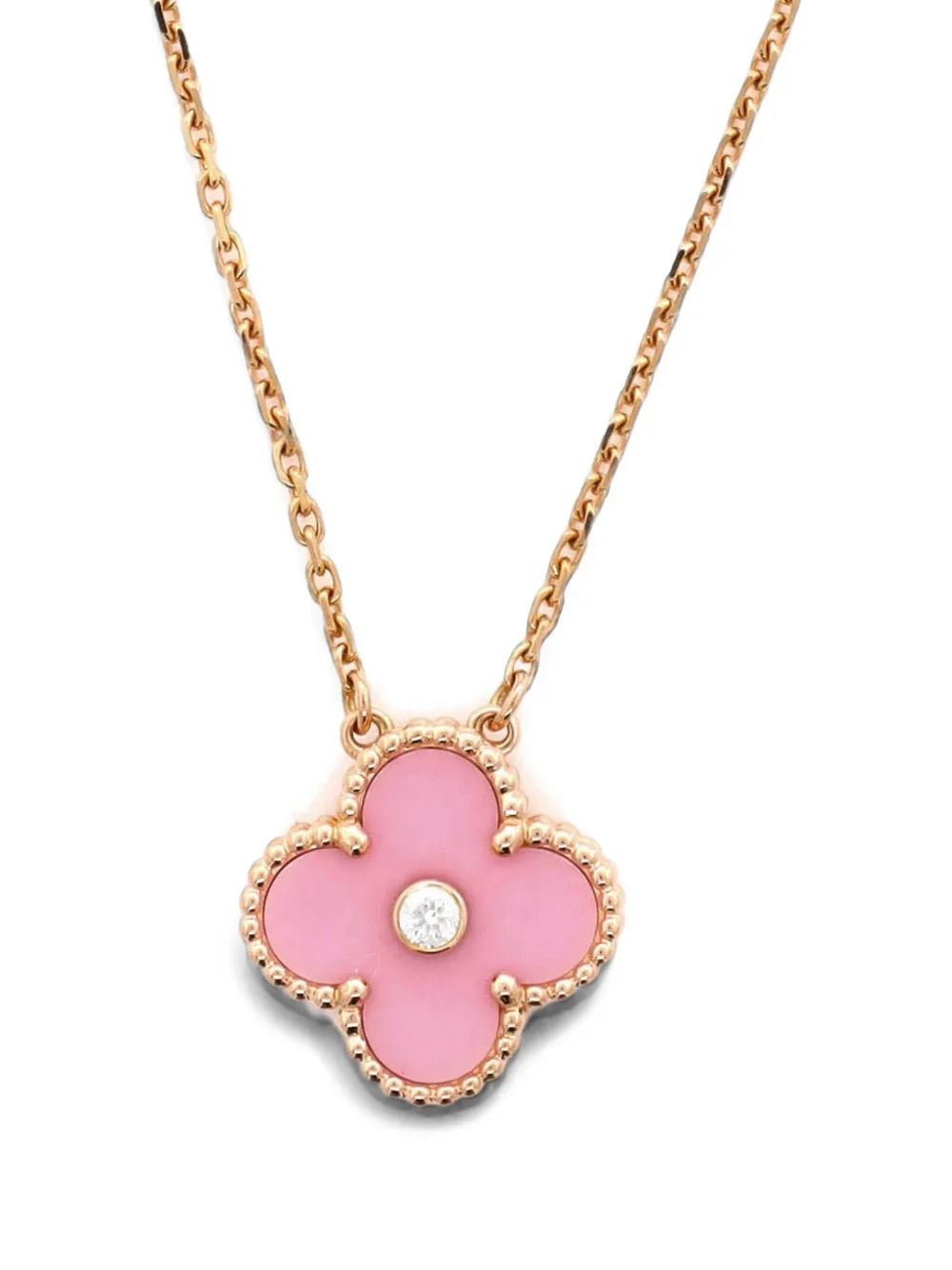 Van Cleef & Arpels Pre-Owned Vintage Alhambra Pendant 18K Rose Gold and Pink Sevres Porcelain with Diamond necklace - Rosa