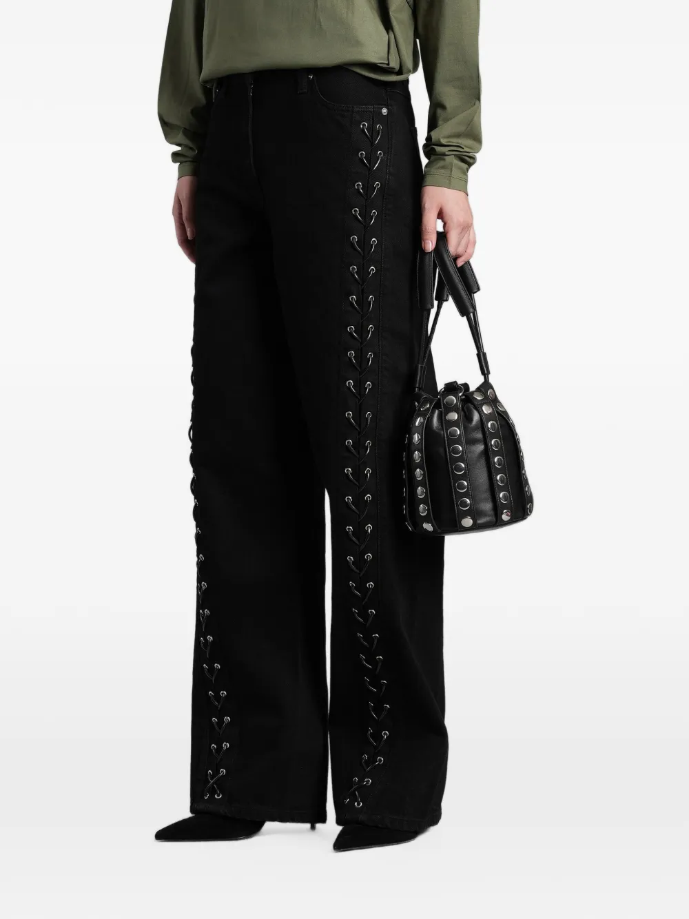 IRO Borderline jeans met wijde pijpen en veters Zwart