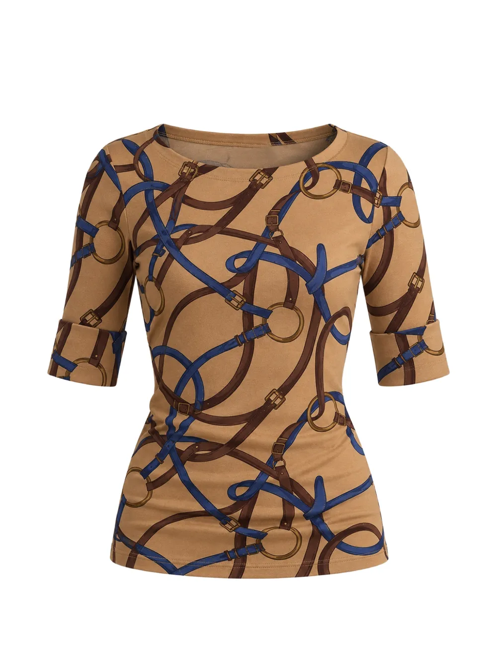 Lauren Ralph Lauren belt-print boat-neck T-shirt - Marrone