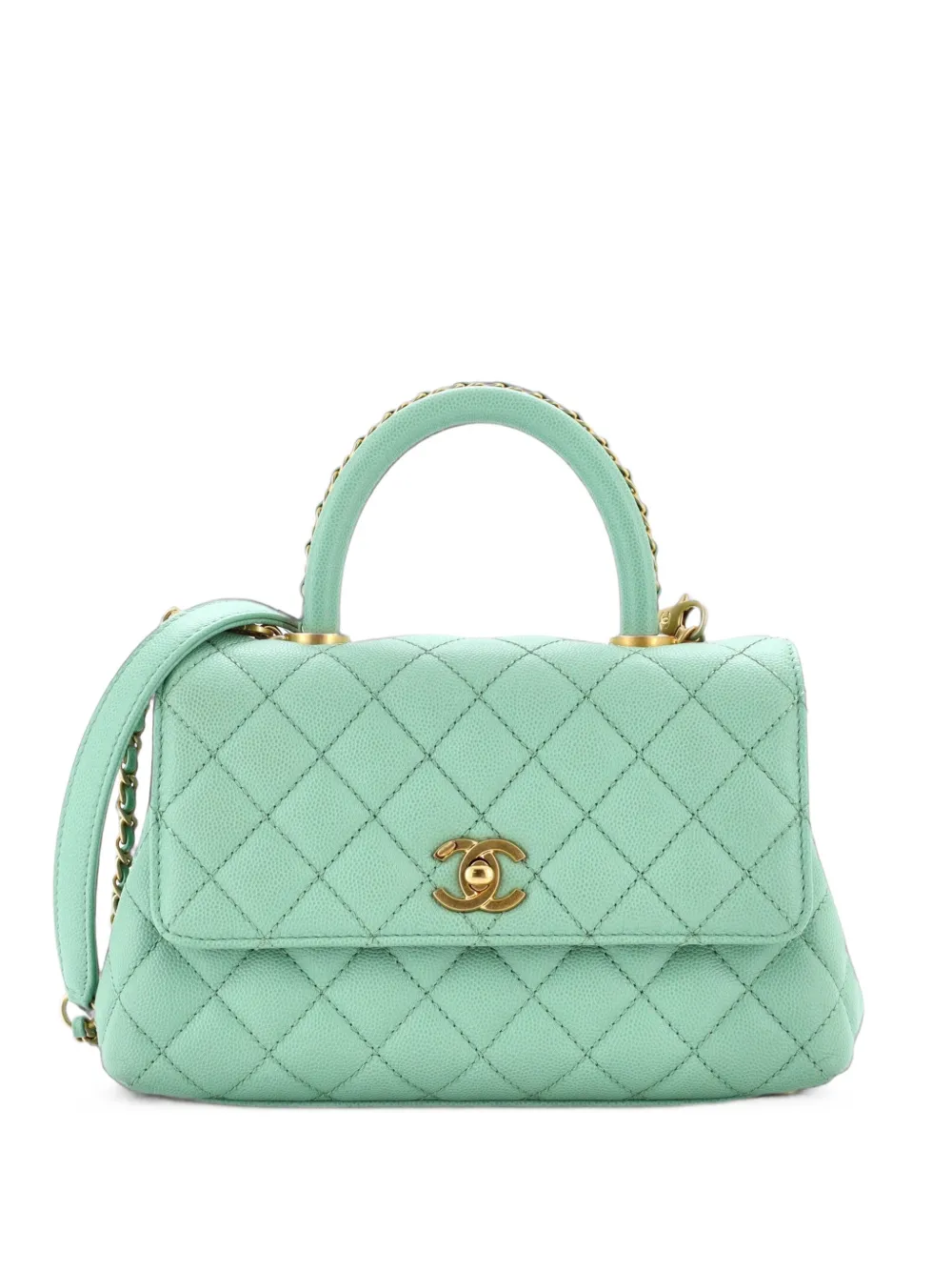 CHANEL Pre-Owned Coco Top Handle Bag Quilted Caviar with Chain Detail Handle Mini satchel - Verde