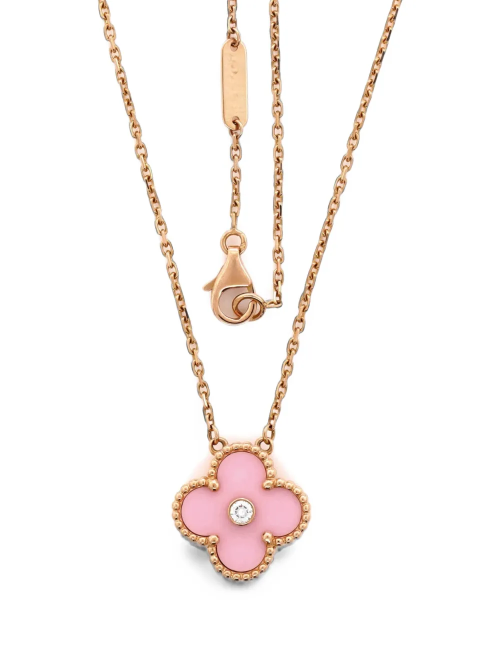 Van Cleef & Arpels Pre-owned Vintage Alhambra Pendant 18K Rose Gold and Pink Sevres Porcelain with Diamond Necklace, view