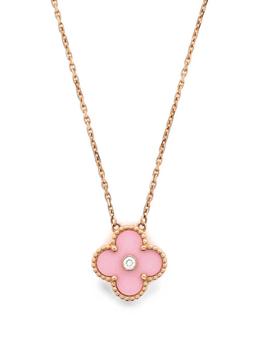 Van Cleef & Arpels Pre-owned Vintage Alhambra Pendant 18K Rose Gold and Pink Sevres Porcelain with Diamond Necklace, view