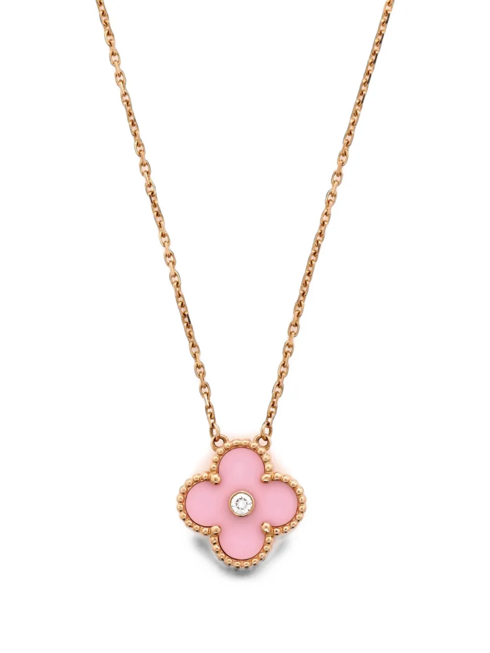 Van Cleef & Arpels Pre-owned Vintage Alhambra Pendant 18K Rose Gold and Pink Sevres Porcelain with Diamond Necklace