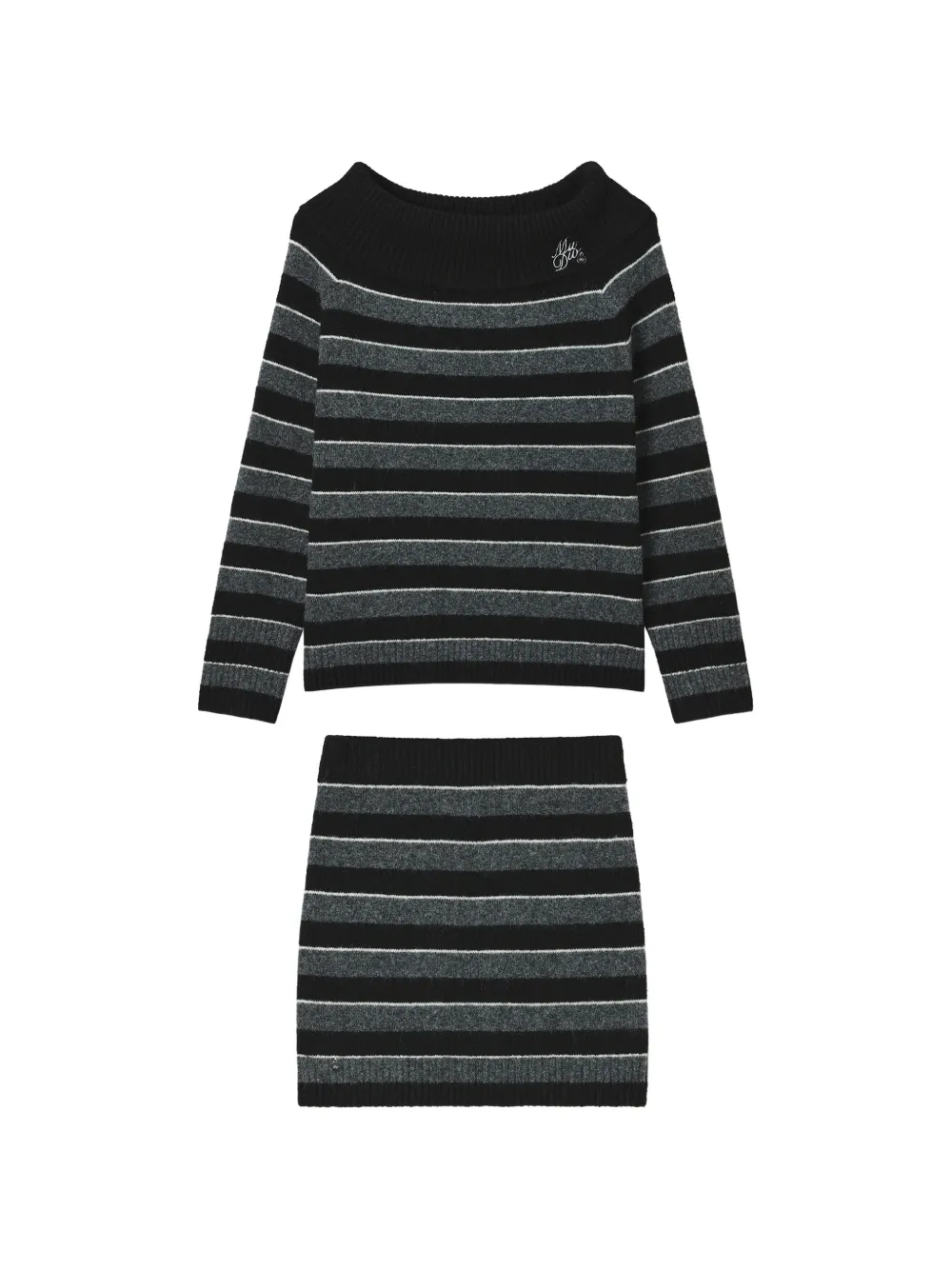 Musium Div. striped off-shoulder skirt set Zwart