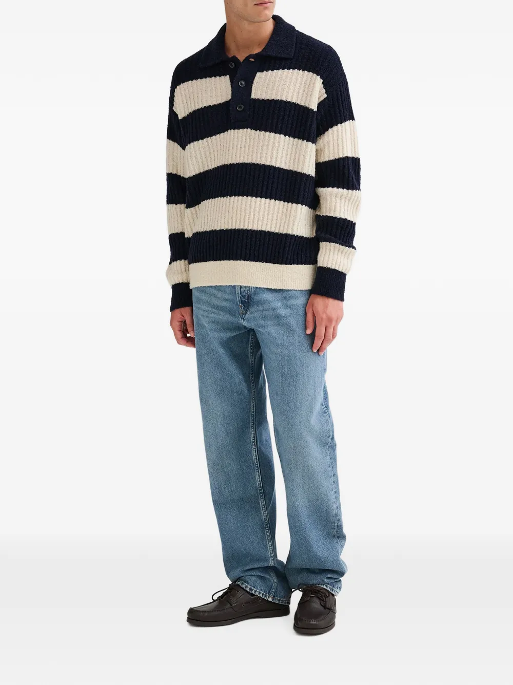 Roberto Collina striped ribbed-knit polo shirt Blauw