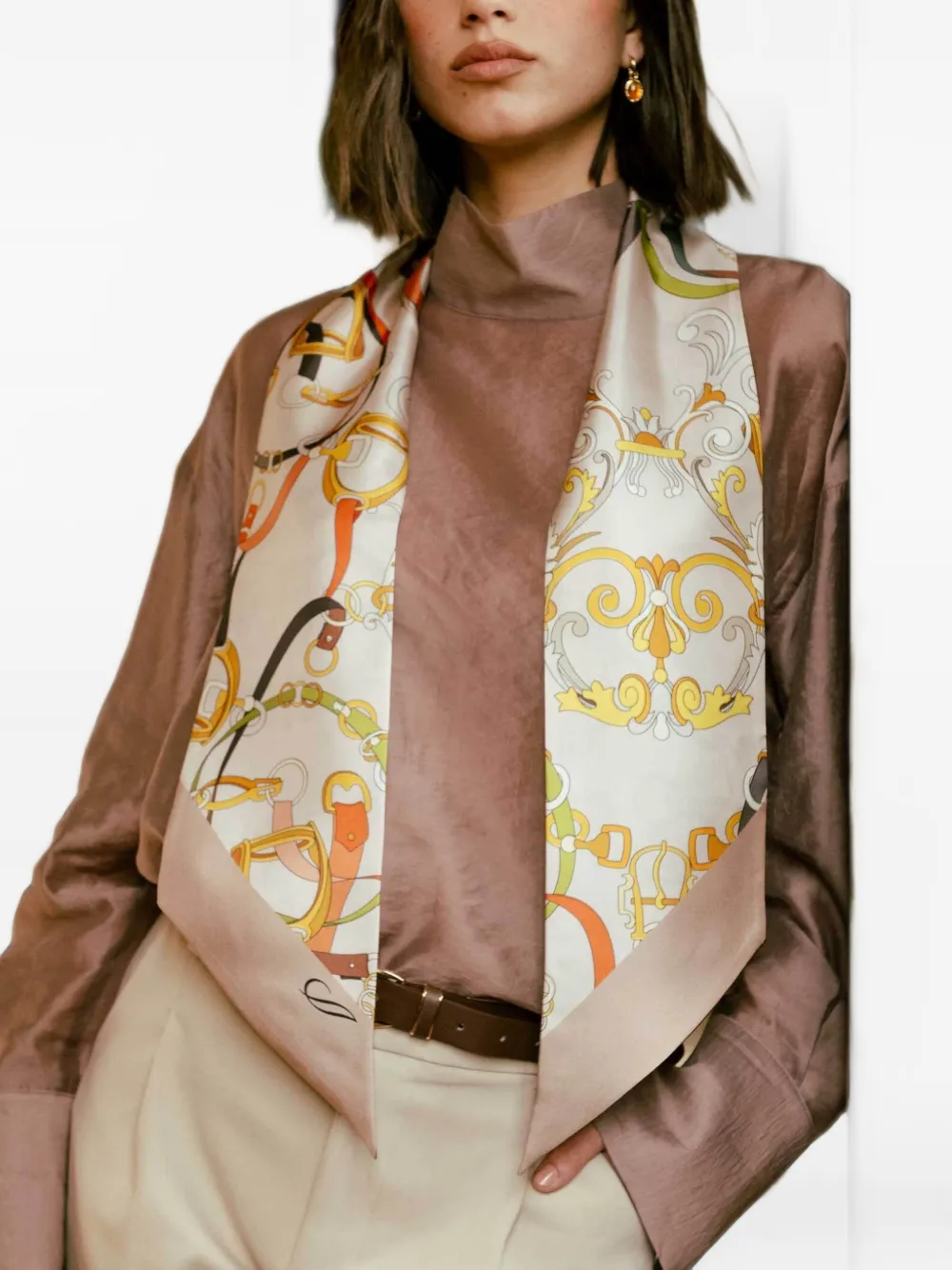 Elizabetta Silvia zijden sjaal met ruitersport-print Beige