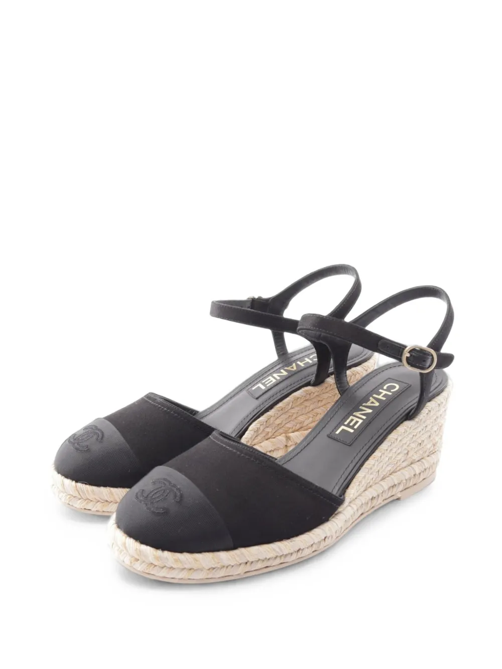 Pre-owned Chanel 1986-1988 Coco Mark Wedge Espadrilles In Black