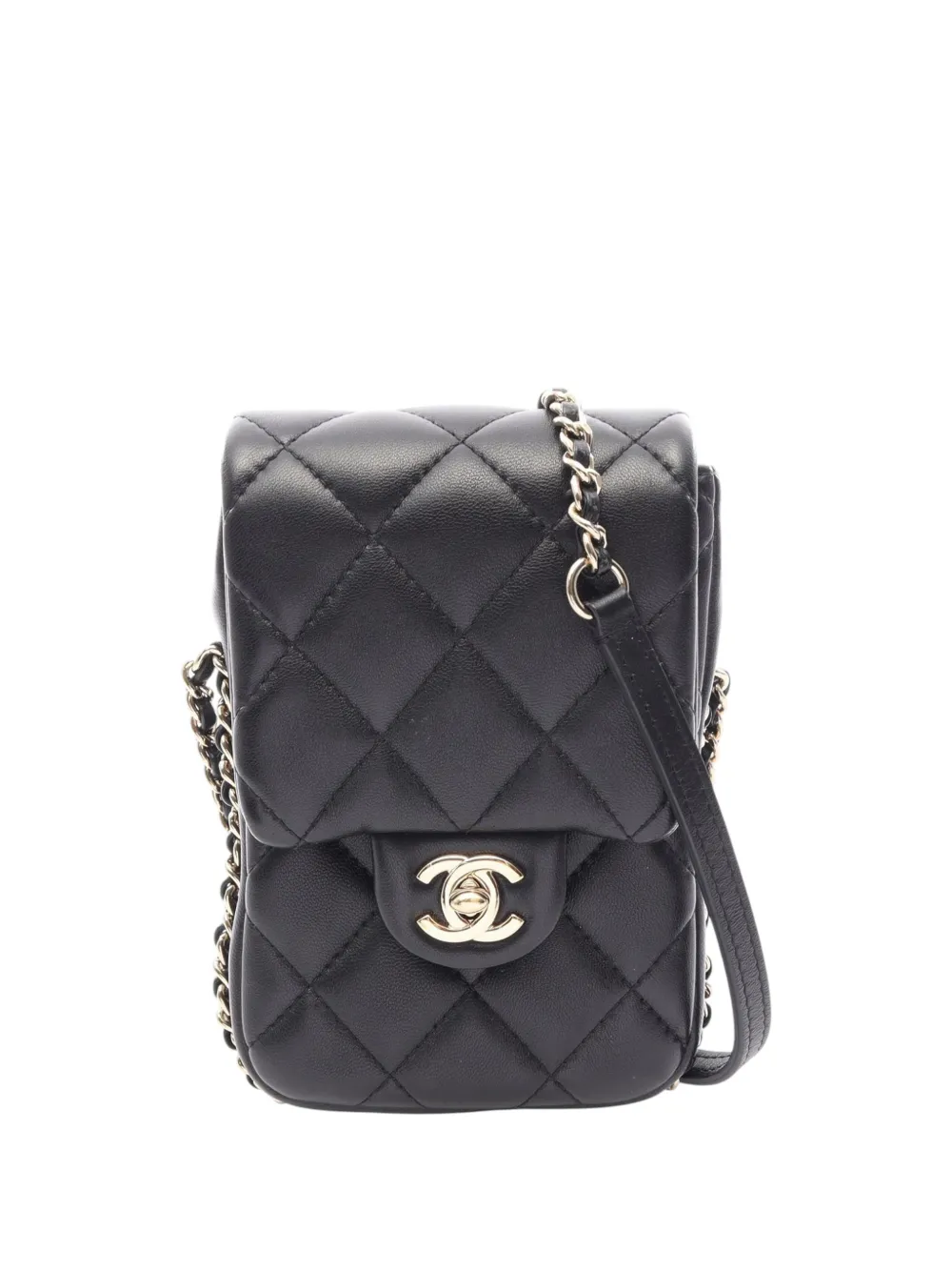 CHANEL Pre-Owned 2019 CC Quilted Lambskin Phone Holder with Chain crossbody bag - Black