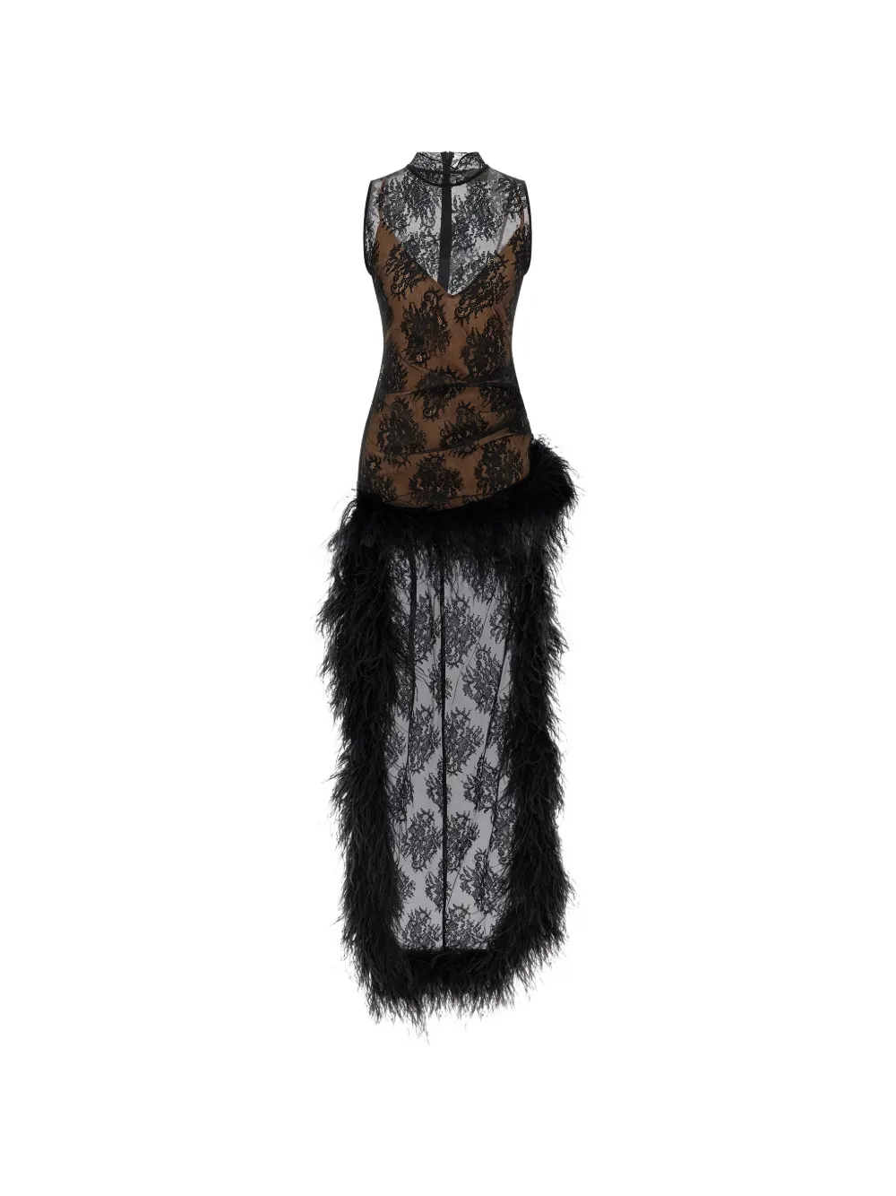 Giuseppe Di Morabito feather-trim lace-overlay midi dress - Noir Giuseppe Di Morabito feather-trim lace-overlay midi dress - Noir