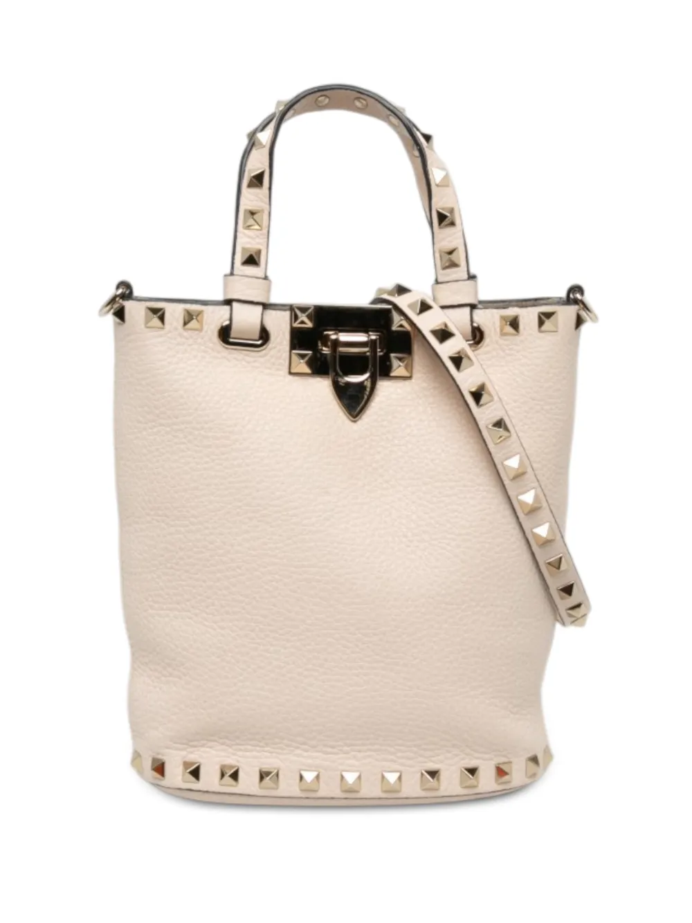 Pre-owned Valentino Garavani 2018-2026 Leather Rockstud Bucket Bag Satchel In White