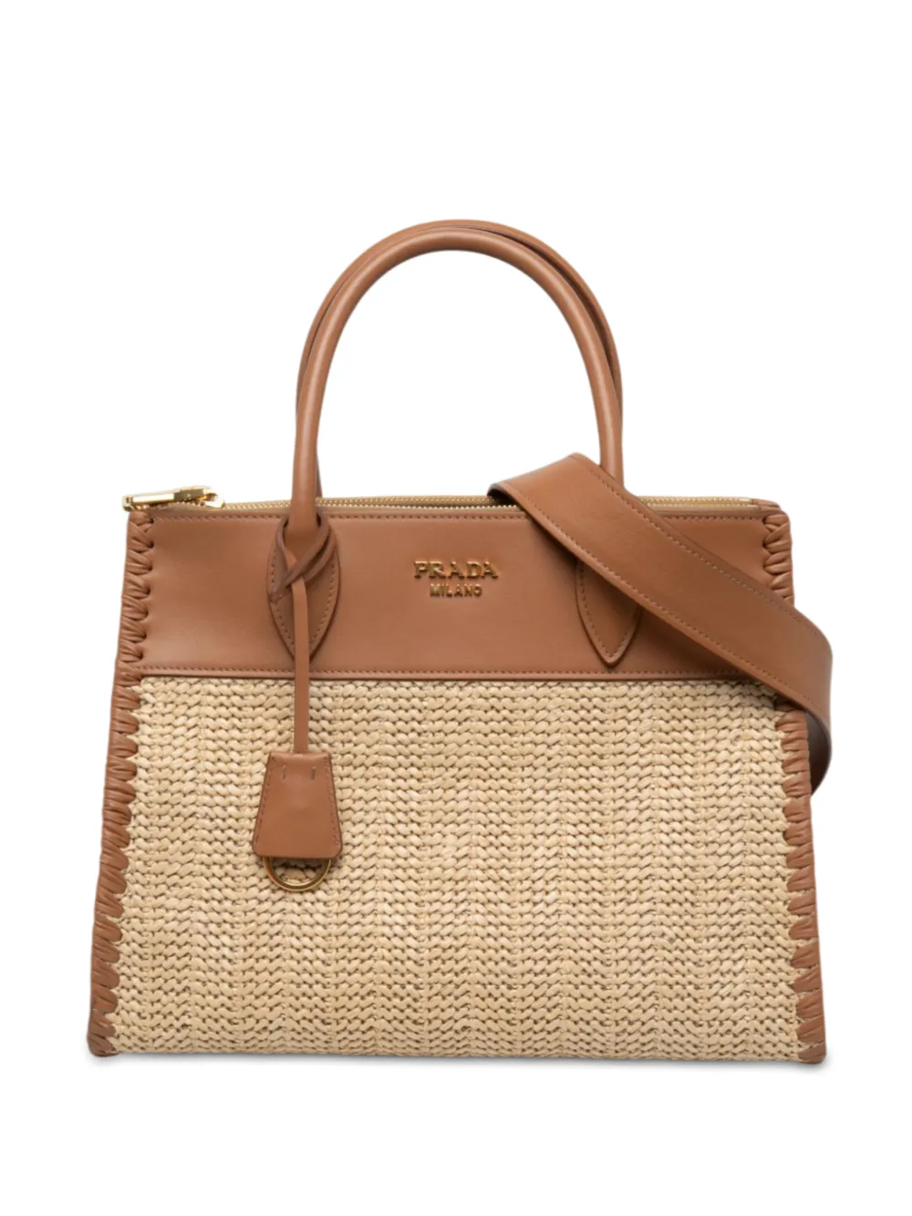 Prada Pre-Owned sac à main Paradigme en raphia et cuir City Calf avec surpiqûres tressées (2013-2026) - Tons neutres Prada Pre-Owned sac à main Paradigme en raphia et cuir City Calf avec surpiqûres tressées (2013-2026) - Tons neutres