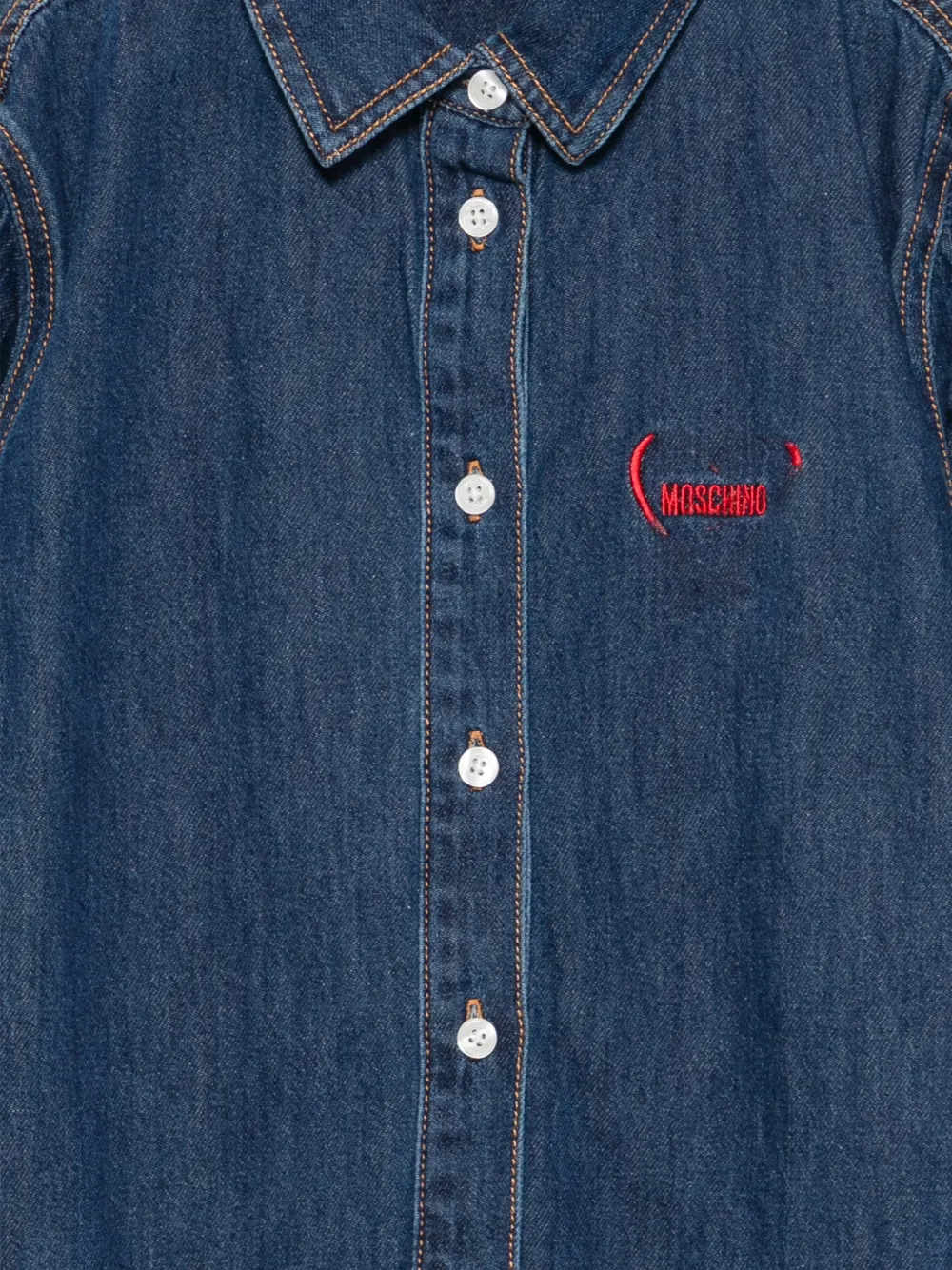 Moschino Kids Denim jurk met ruches en geborduurd logo Blauw