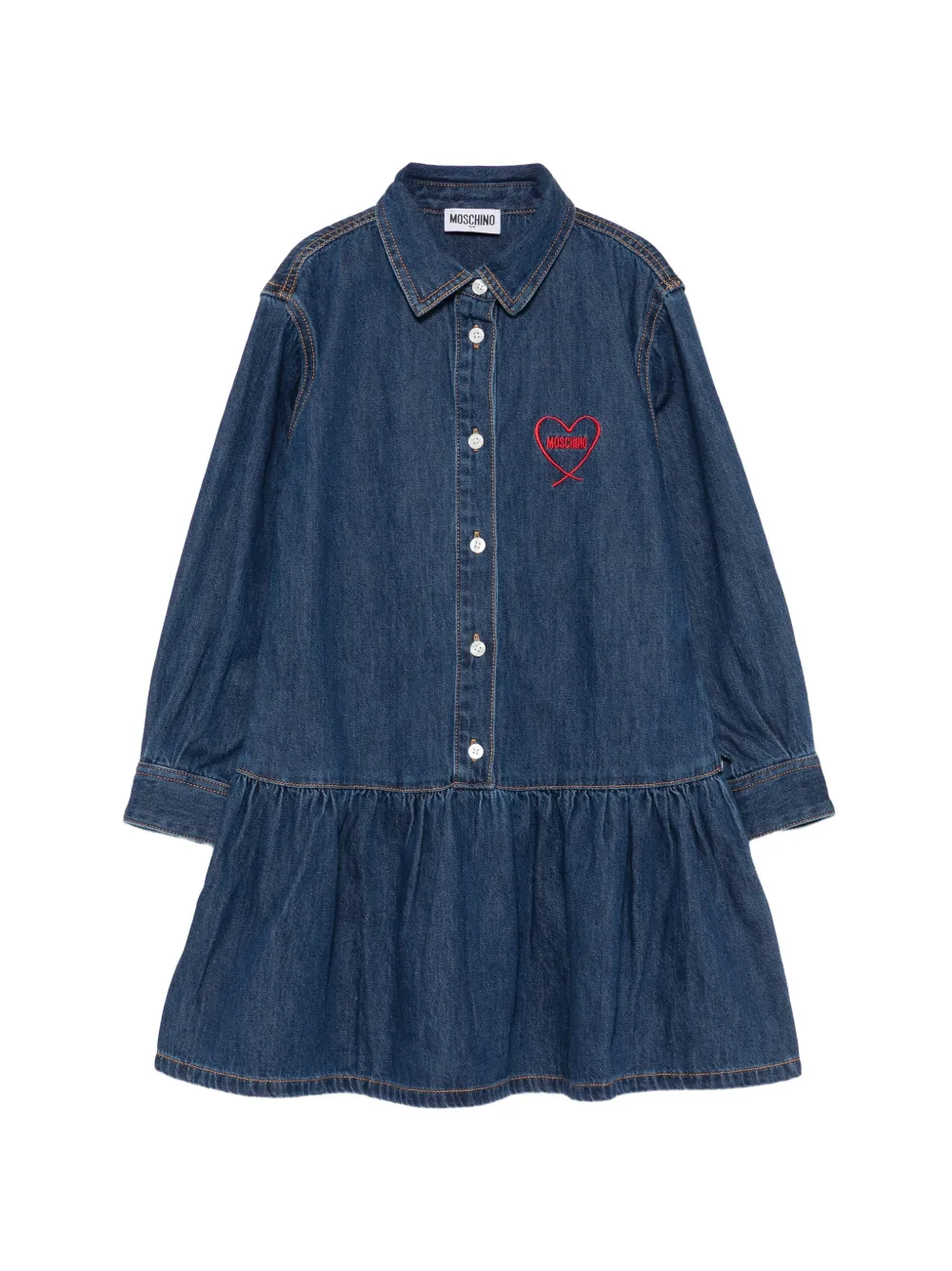 Moschino Kids Denim jurk met ruches en geborduurd logo Blauw