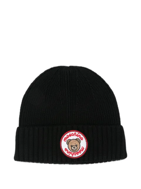 Moschino Kids Teddy Bear-patch ribbed-knit beanie hat