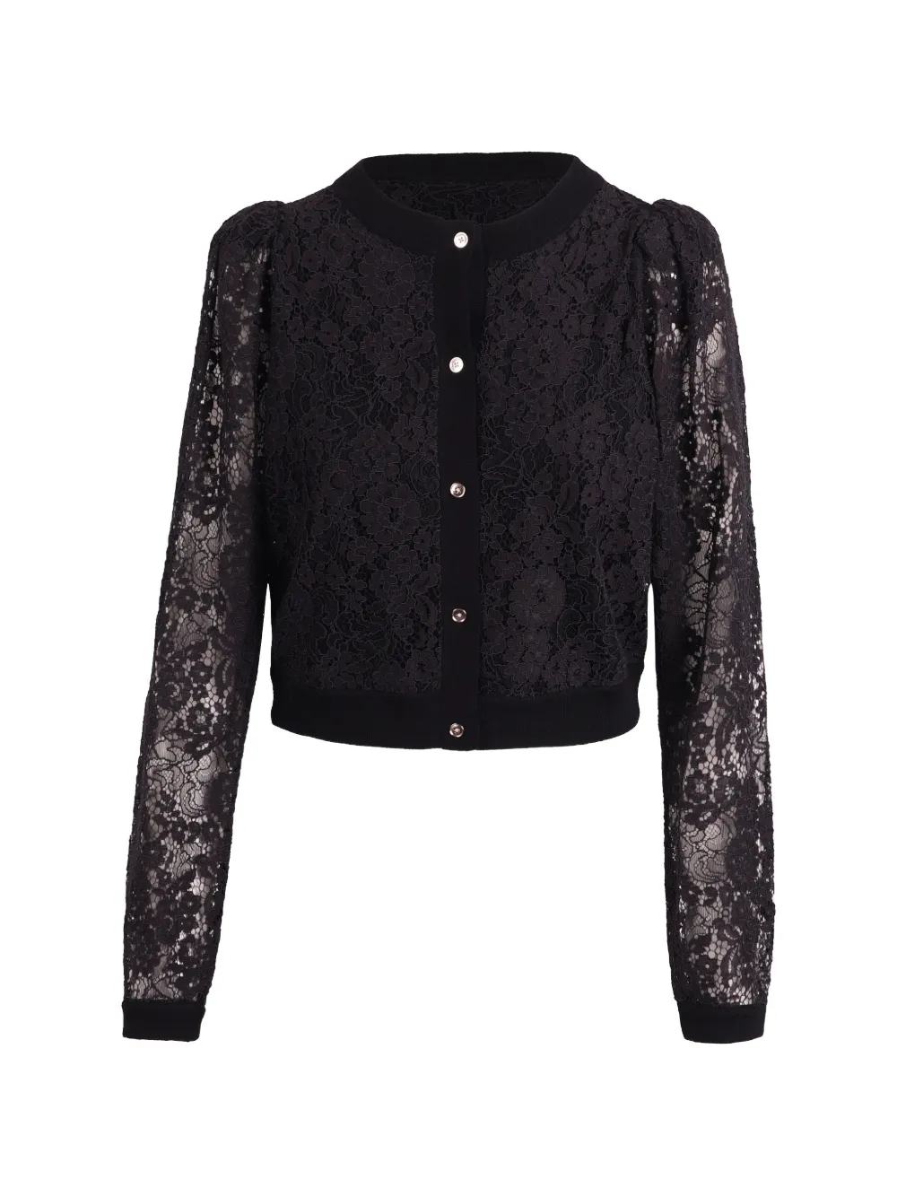 alice + olivia lace-overlay puff-sleeve cardigan - Black