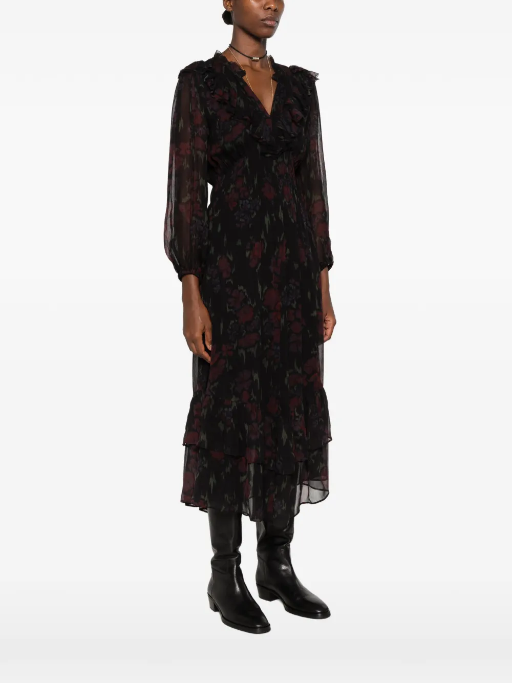 Ba&Sh Dova floral-print ruffled midi dress Zwart