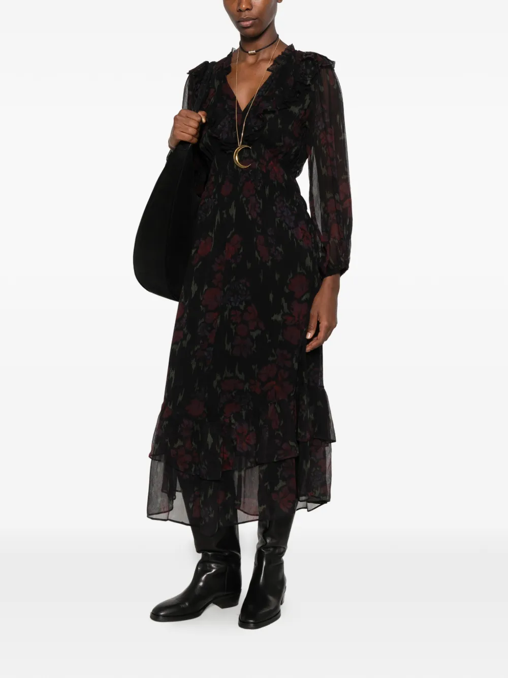 Ba&Sh Dova floral-print ruffled midi dress Zwart