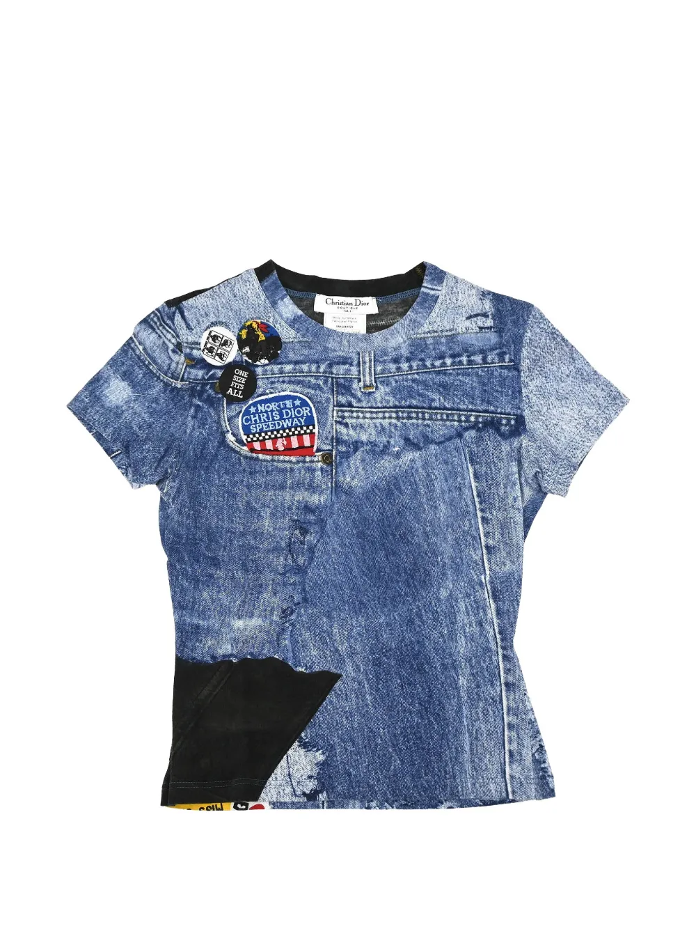 Christian Dior Pre-Owned 2001 denim-print patch-detail T-shirt - Bleu