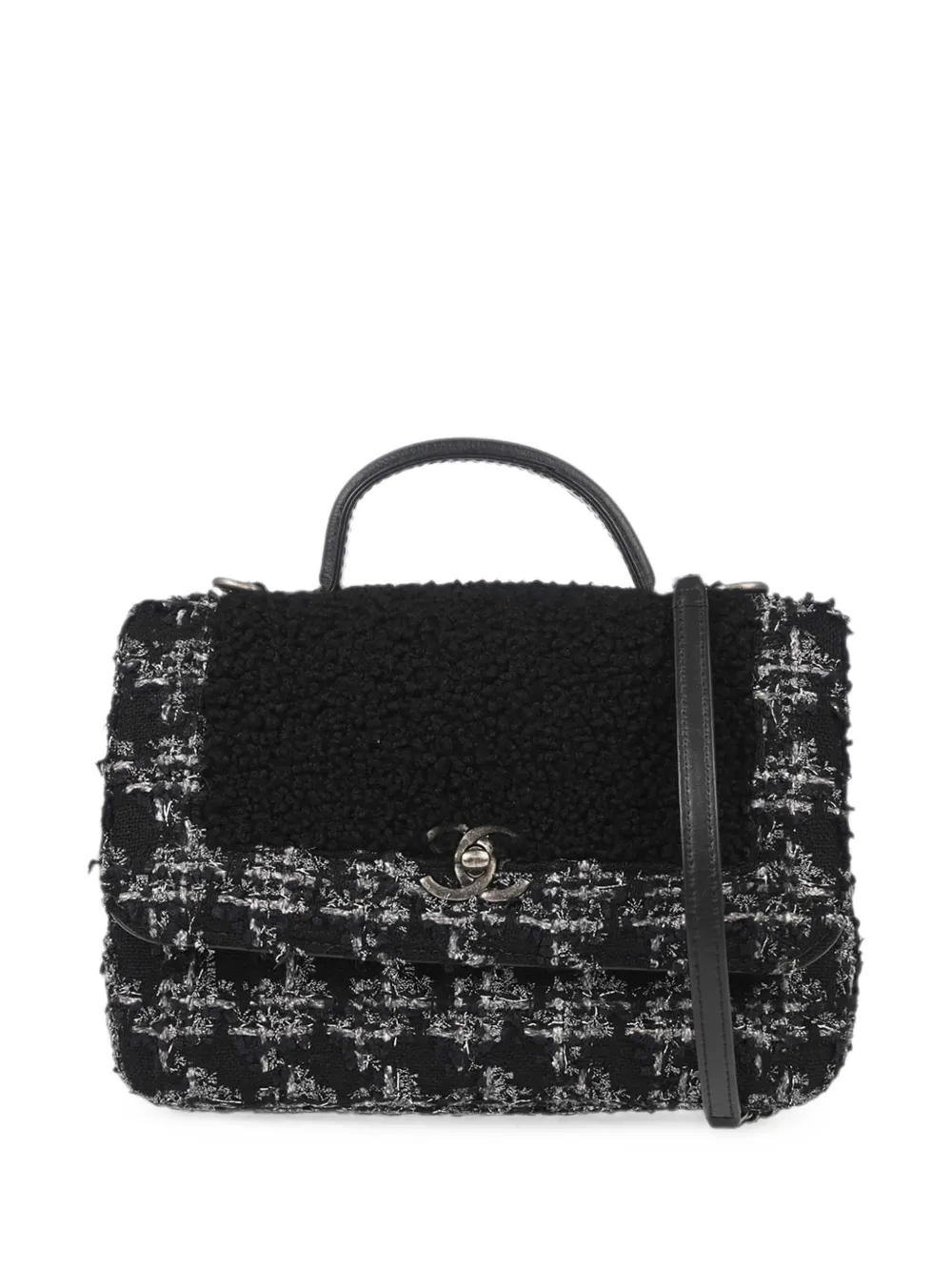 CHANEL Pre-Owned 2017-2018 tweed shearling shoulder bag - Black